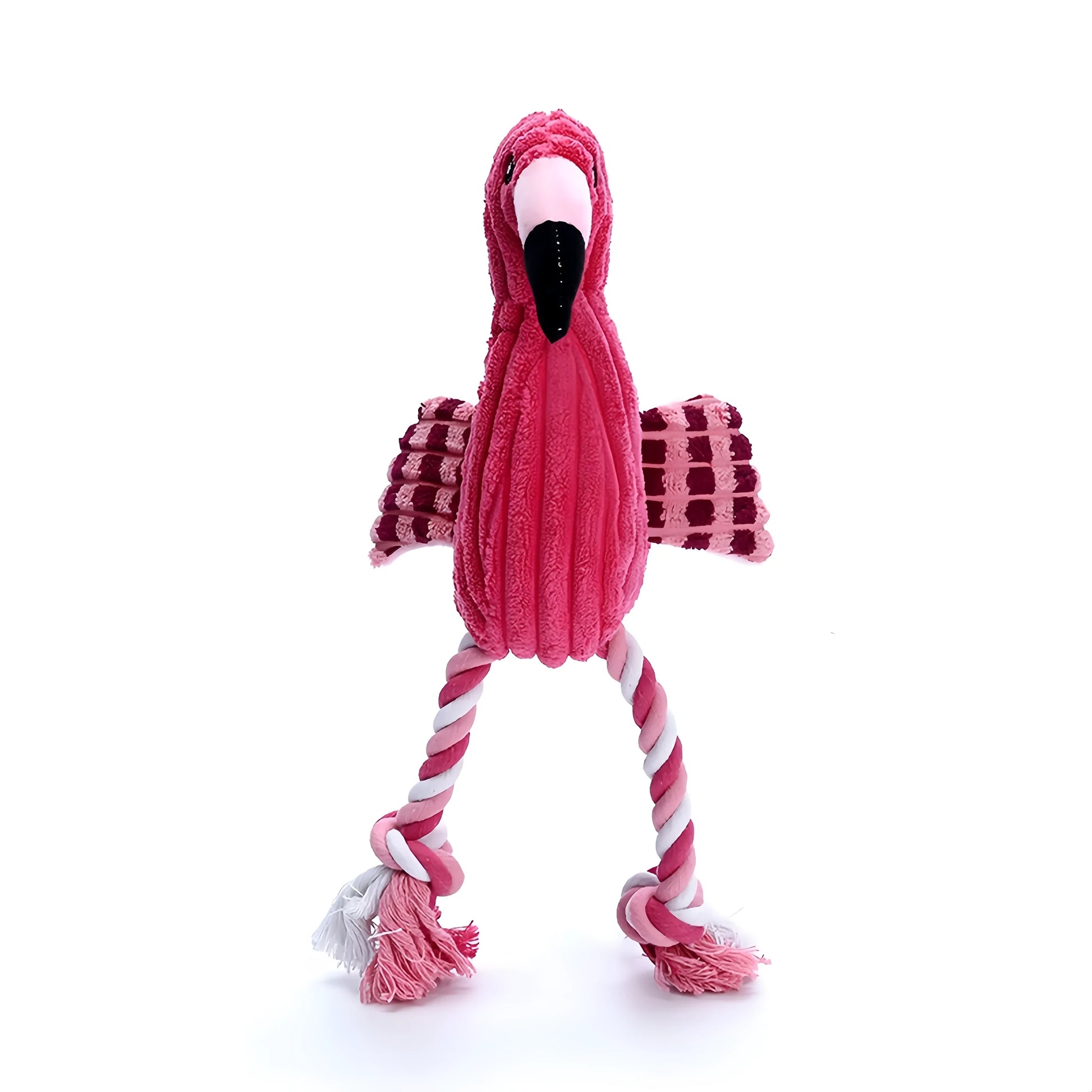 Four pink animal-shaped corduroy dog toys with squeakers arranged together