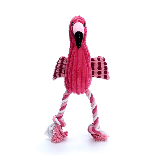 Four pink animal-shaped corduroy dog toys with squeakers arranged together
