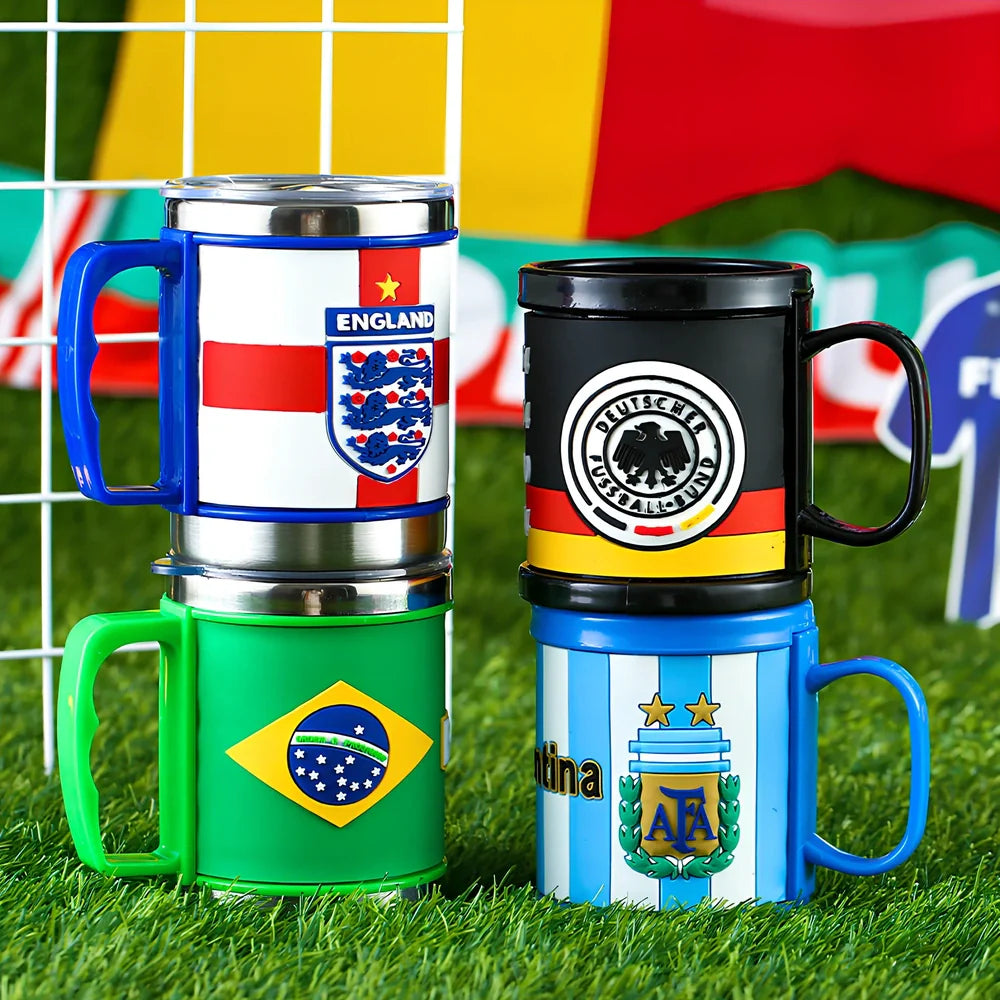 World Cup football mug in team colours with 7.6cm diameter and rubber-metal construction