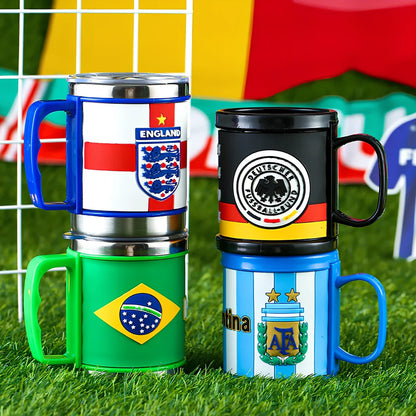 World Cup football mug in team colours with 7.6cm diameter and rubber-metal construction
