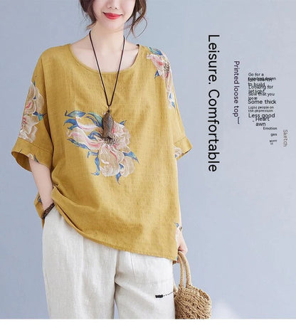 Korean Cotton Hemp Summer Top in yellow and orange with loose fit