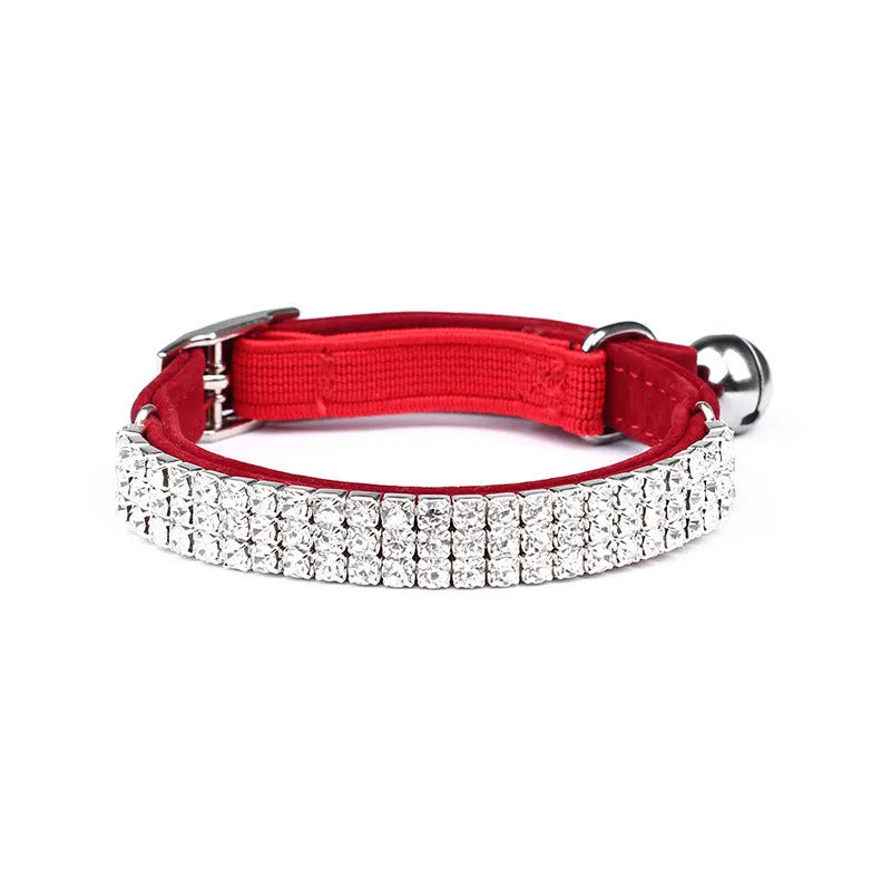 Red velvet cat collar with rhinestone detailing showing 1cm width and adjustable buckle for 20-30cm length fitting