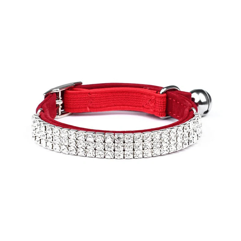 Adjustable velvet cat collar with rhinestones in five colour options showing 20-30cm length
