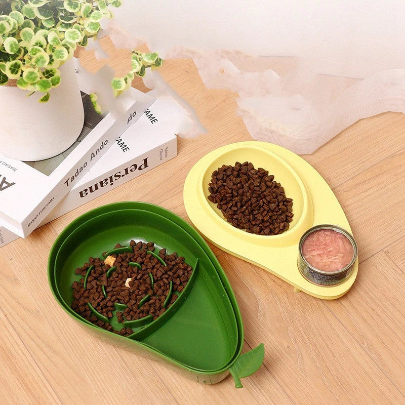 Avocado-shaped automatic pet feeder and water dispenser for dogs and cats, featuring slow-feed bowl, adjustable water flow, and durable construction