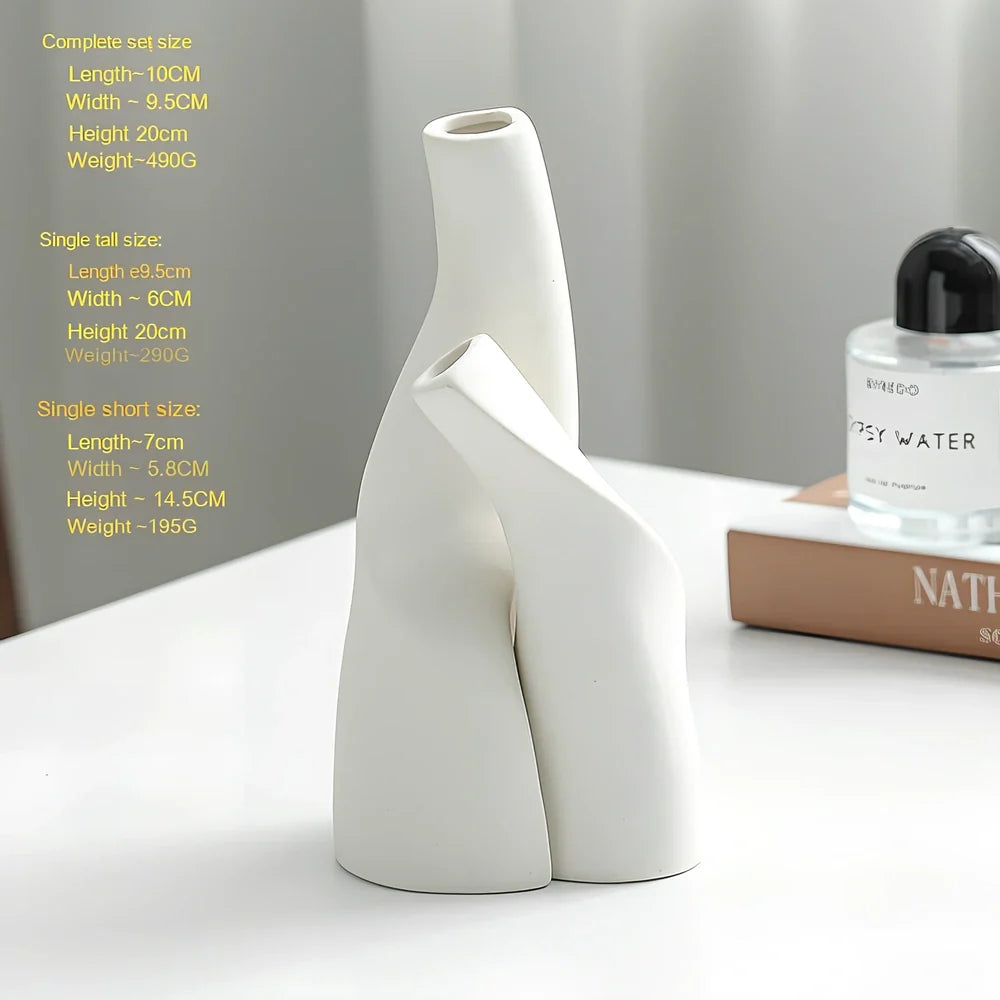 Nordic double shaped ceramic vase set in cream colour on wooden shelf, 20-25cm height for home decoration