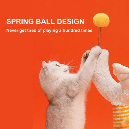 Tall yellow sisal cat scratching post with chicken strip pattern and a spring ball on top.