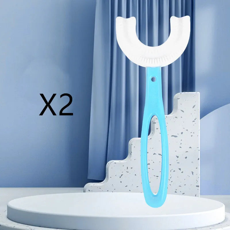Children's U-shaped soft rubber toothbrush in pink and blue colours.