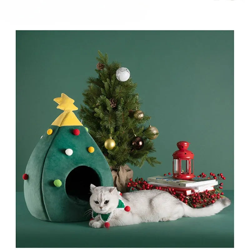 Christmas tree-shaped plush pet cave bed with detachable cover in three sizes for cats and small dogs