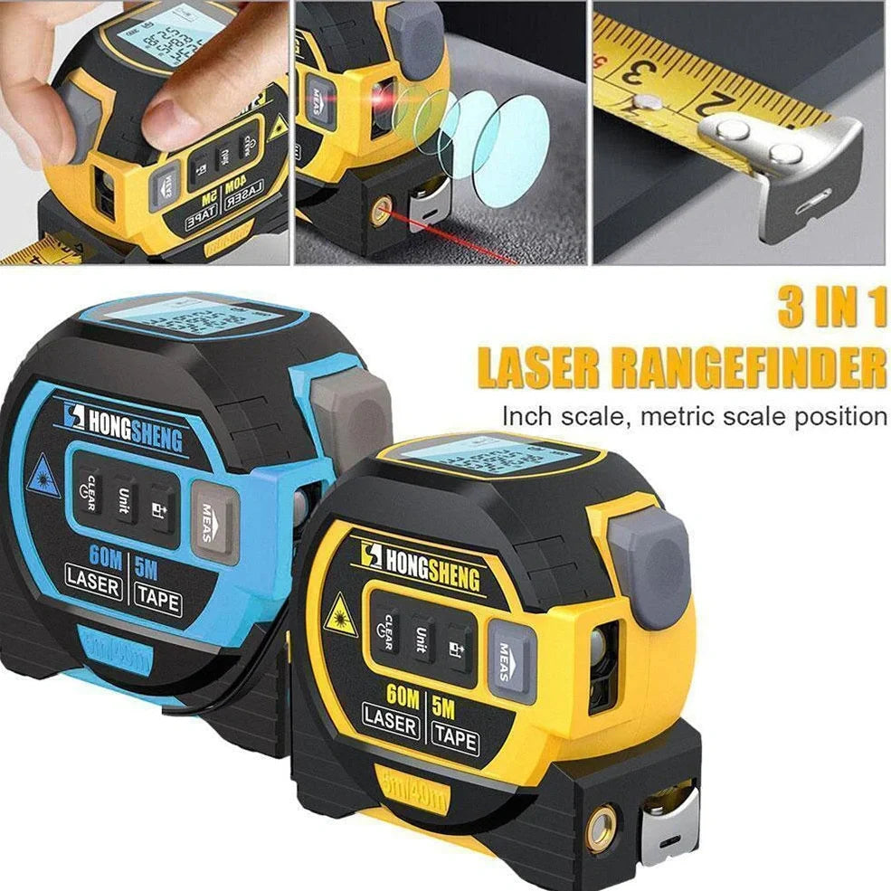 Blue 3-in-1 laser tape measure showing 5m tape extended and 60m infrared beam for construction ranging