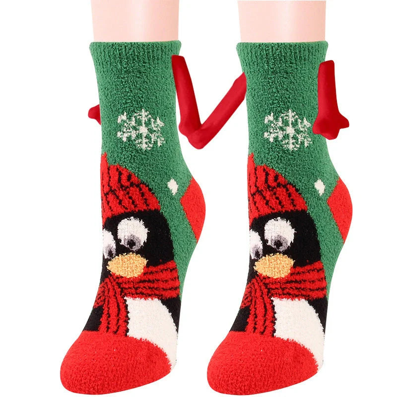 Christmas couple socks with magnetic connection feature and 3D animal patterns