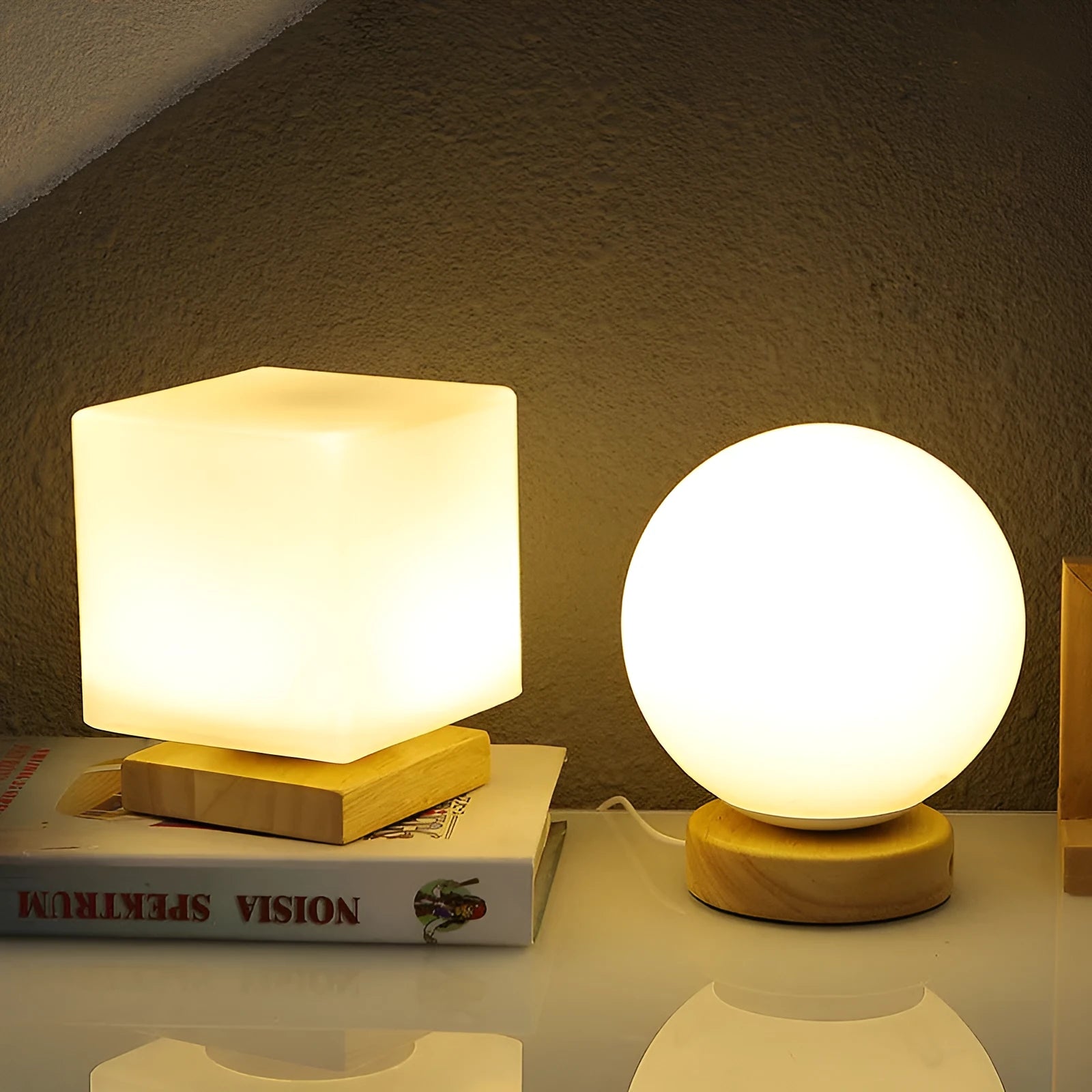 Nordic solid wood USB table lamp with touch dimming, 150x180mm size, and white light shapes on a bedside table