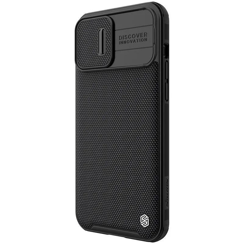 Black textured iPhone 13 Pro Max protective case with PC shell and TPU edge sliding cover