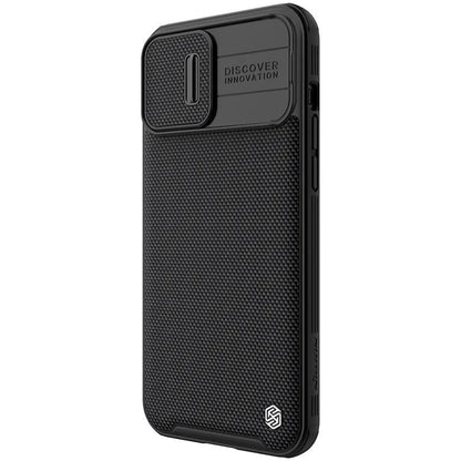 Black textured iPhone 13 Pro Max protective case with PC shell and TPU edge sliding cover