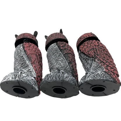 Set of artificial owl bait ornaments with shaking heads for scaring birds outdoors.