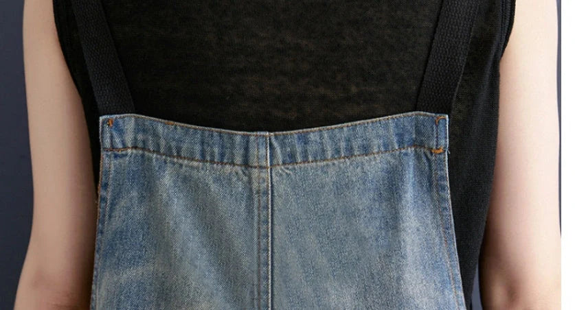 Women's blue denim jean suspenders with adjustable straps, Korean design