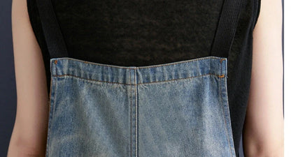 Women's blue denim jean suspenders with adjustable straps, Korean design