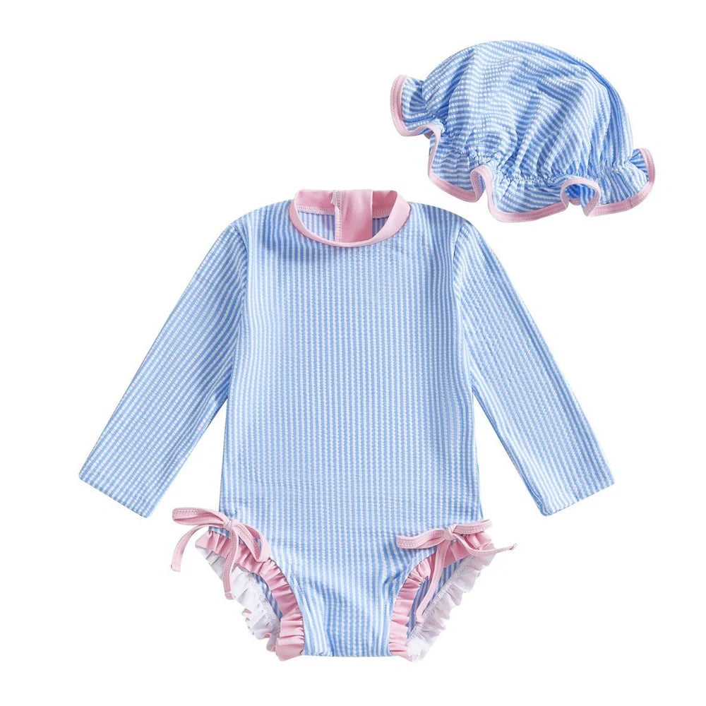 Girls' striped jumpsuit with matching hat in pink, violet, or sapphire blue for swimming