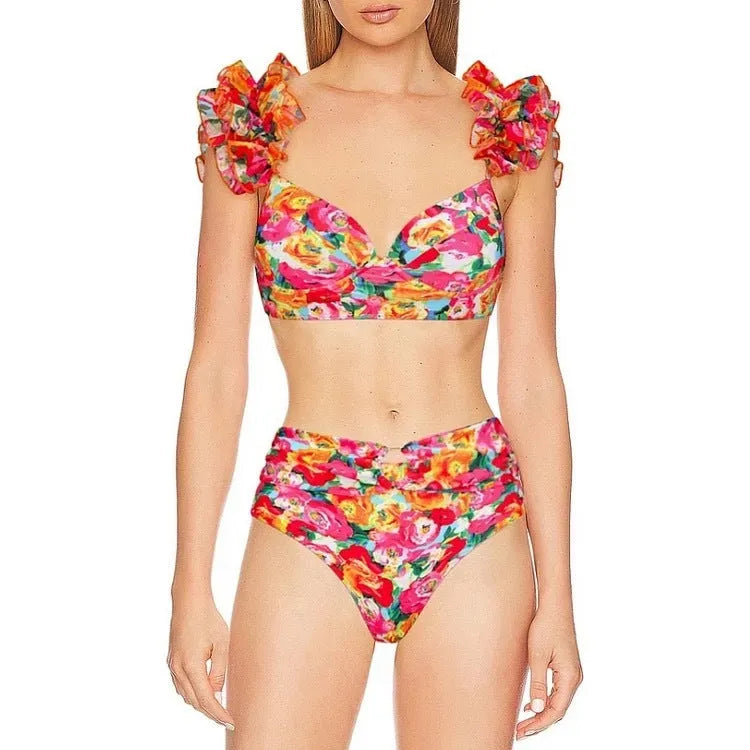 Women's floral print push-up bikini set with high-waist briefs and matching swimsuit skirt
