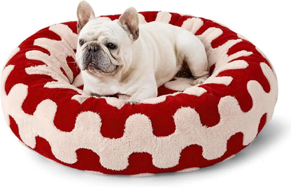 Round blue and white plaid pet bed with plastic frame and fleece cover for dogs