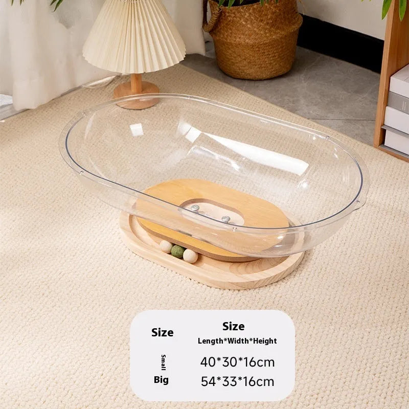 Transparent acrylic cat bath capsule enclosure with turntable base serving as pet bed