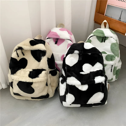 Furry plush backpack with heart pattern and three-dimensional outer pocket in khaki, green, black, pink or briquette