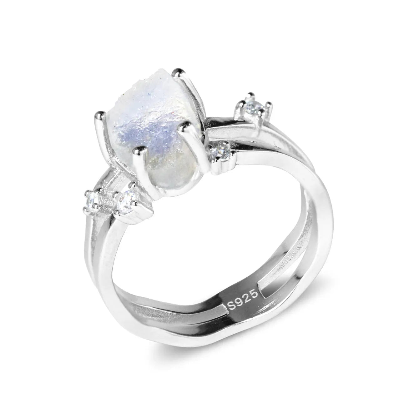 S925 sterling silver irregular triangle moonstone ring showing geometric design and 12mm gemstone centrepiece
