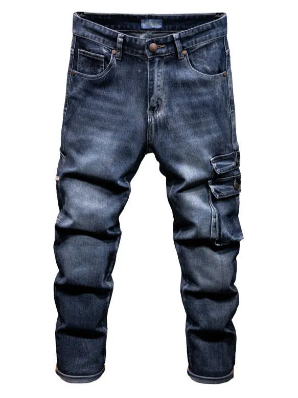 Men's loose-fit hip hop trousers with multi-pocket design in retro denim