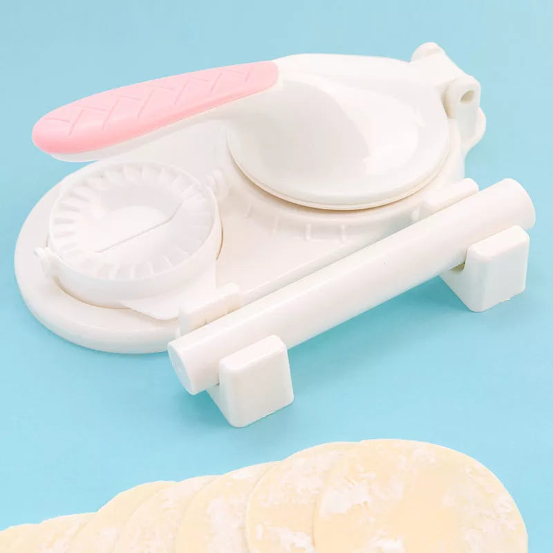 3-in-1 dumpling maker with ergonomic handle in pink, orange, white, and green