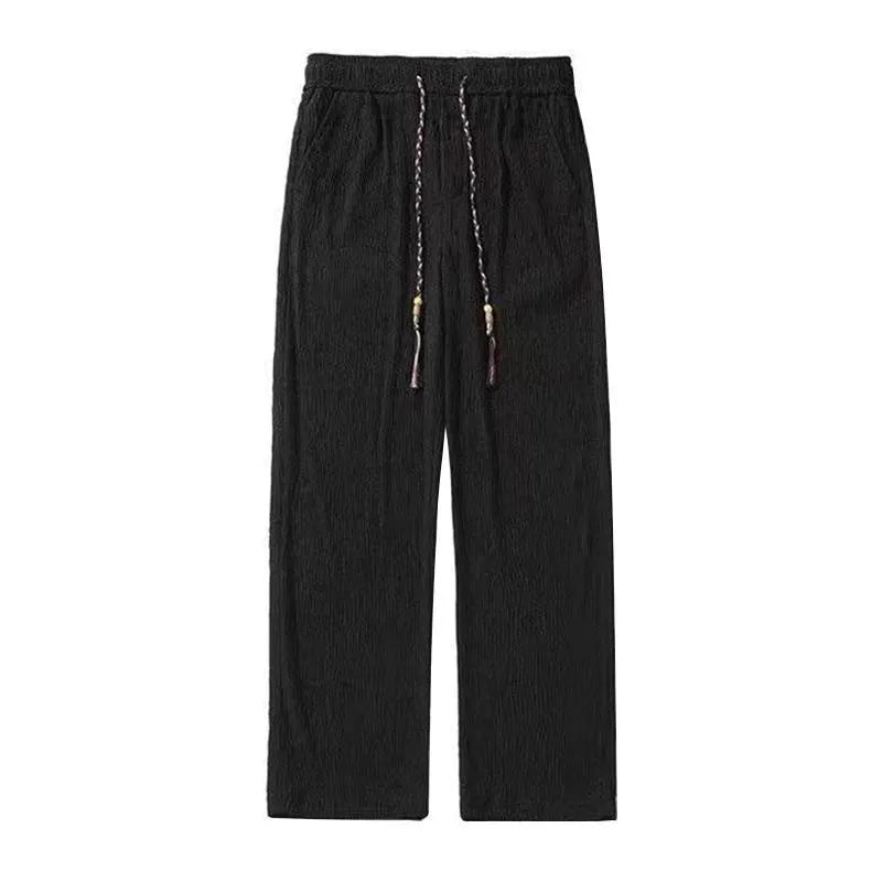 Men's thin loose straight-leg summer trousers with drooping texture in black or white colours