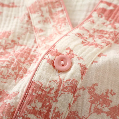 Women's pink pure cotton gauze long sleeve top and matching trousers lounge suit set.