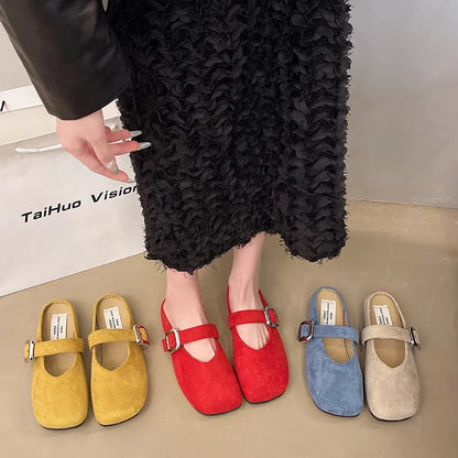 Women's flat square toe slipper in apricot colour with a rubber sole and PU upper.