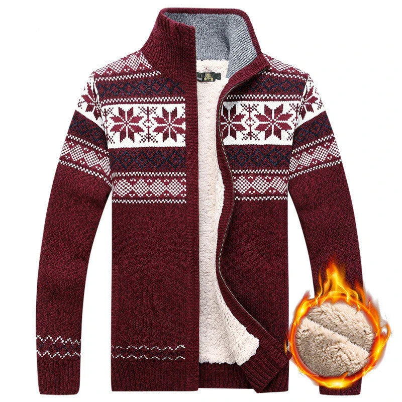 Cozy and stylish men's velvet cardigan sweater in blue, white, red, and grey colors
