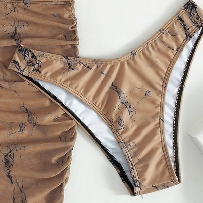 Split Bikini Three-piece Suit in white and brown, perfect for swimming and beach outings