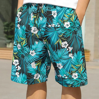 Man wearing loose-fitting striped beach pants made from quick-dry ice silk fabric.