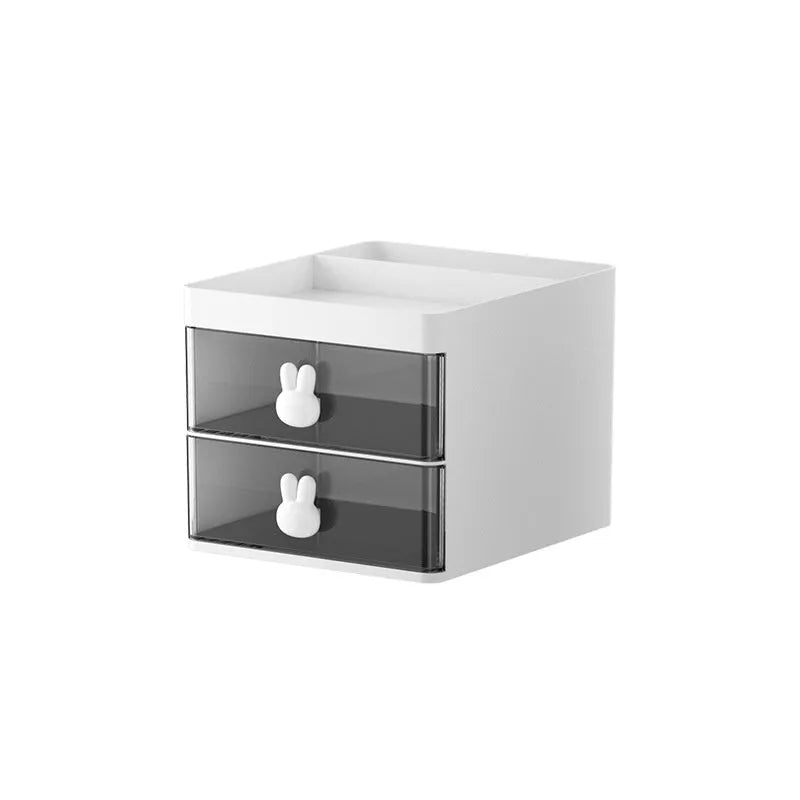 Transparent partitioned desktop storage box with drawer design for organising cosmetics and stationery