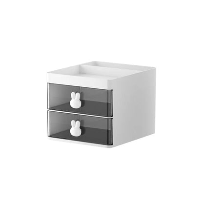 Transparent partitioned desktop storage box with drawer design for organising cosmetics and stationery