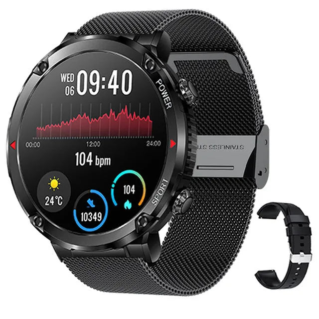 T30 Smart Watch with black silicone strap on wrist, showing IPS touchscreen displaying time and health metrics