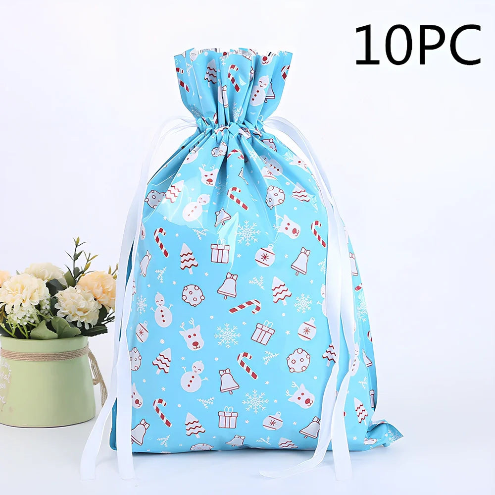 Christmas gift bag with drawstring closure in laser gold finish, 32x24cm dimensions