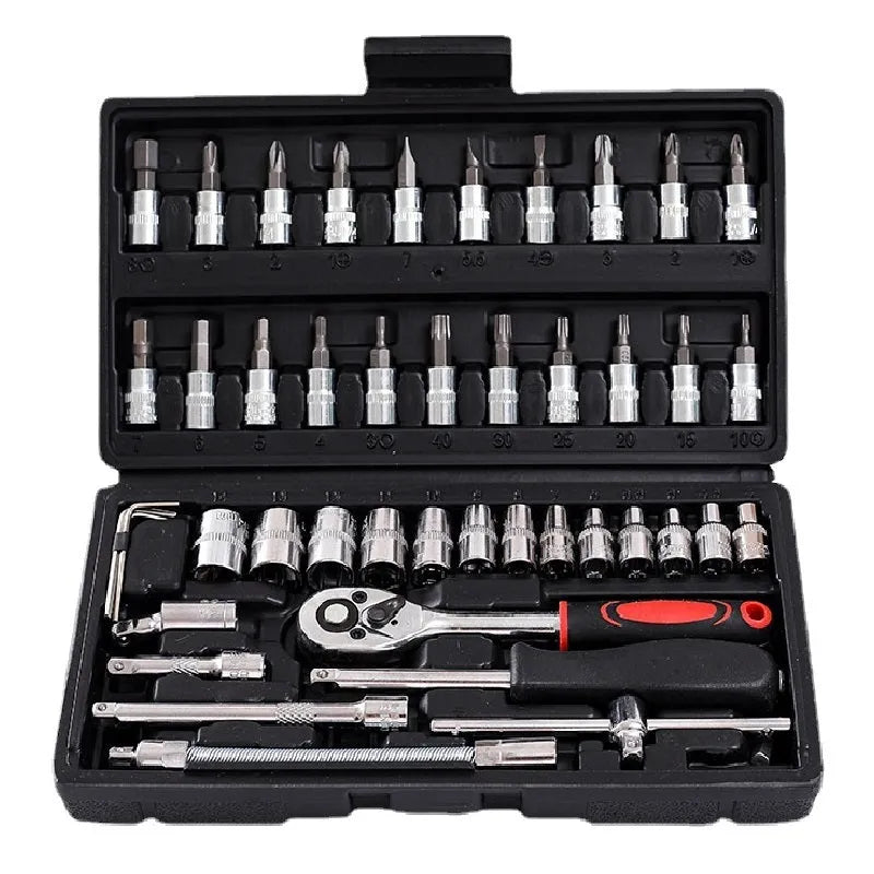 46-piece socket ratchet wrench set with Cr-V steel construction and 72-tooth ratchet mechanism for DIY repairs