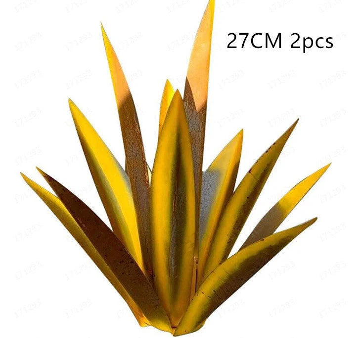 Handmade rustic tequila agave metal sculpture with blue highlights for garden or home decor