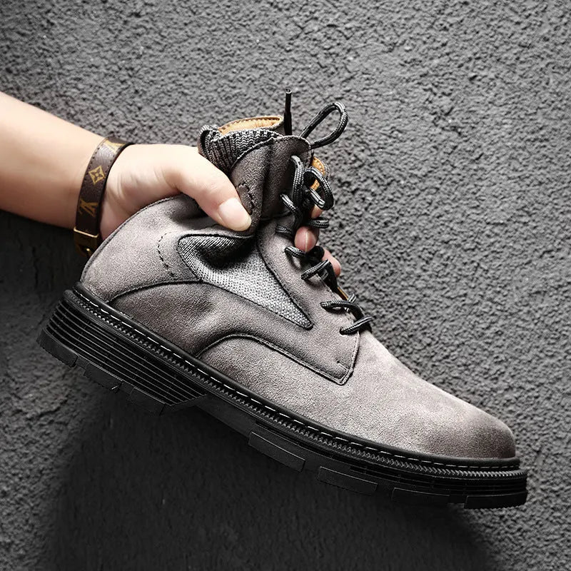 Men's vintage-style Martin boots with frosted microfiber leather upper and 1-3cm thick heel in black, sand, or grey