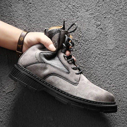 Men's vintage-style Martin boots with frosted microfiber leather upper and 1-3cm thick heel in black, sand, or grey