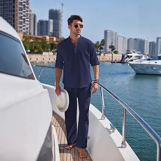 Men's casual cotton long sleeve trousers suit in solid colours on a hanger.