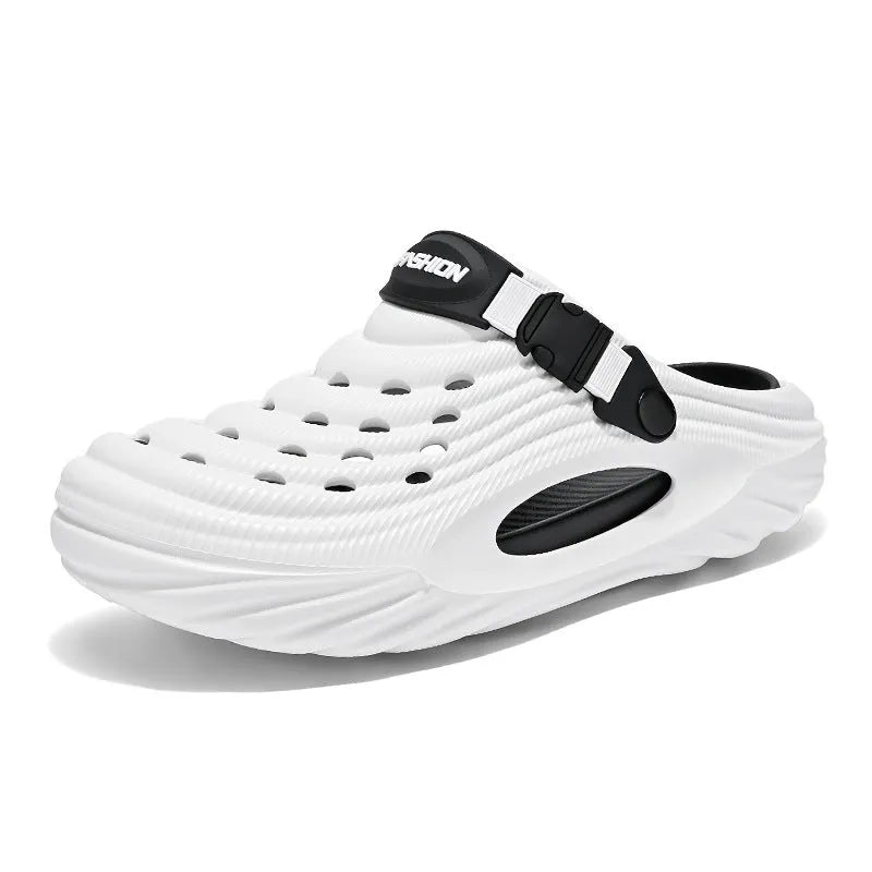 Men's solid colour casual platform slippers in EVA with a hollow-out design.