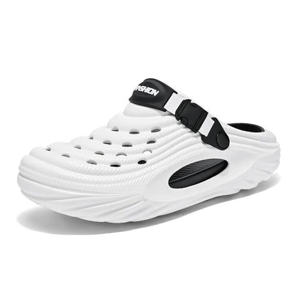 Men's solid colour casual platform slippers in EVA with a hollow-out design.