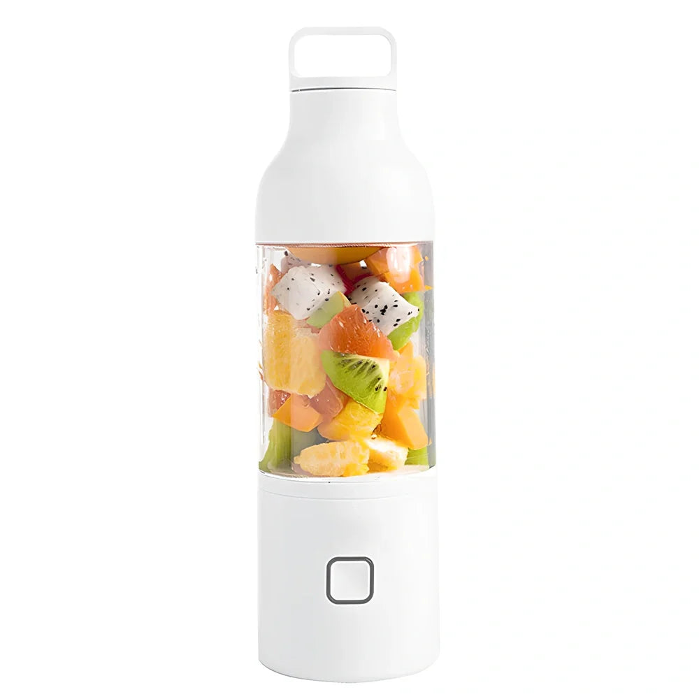 Portable mini juice cup with borosilicate glass liner showing 81x81x281mm dimensions and USB charging port