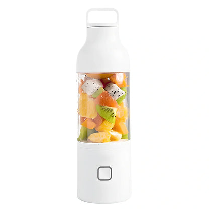 Portable mini juice cup with borosilicate glass liner showing 81x81x281mm dimensions and USB charging port