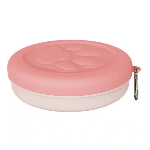 Collapsible dog food bowl showing expanded and folded positions with leak-proof silicone base