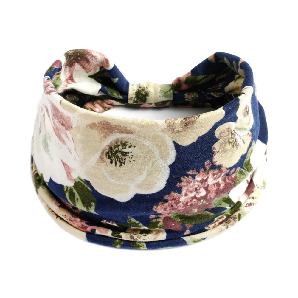 Bohemian cloth yoga sports headband with floral and polka dot patterns, available in multiple colours.