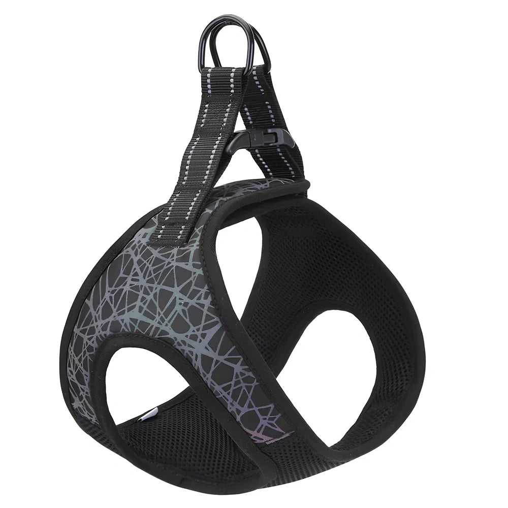 Polyester dog harness with adjustable chest strap in black colour showing buckle fastening system